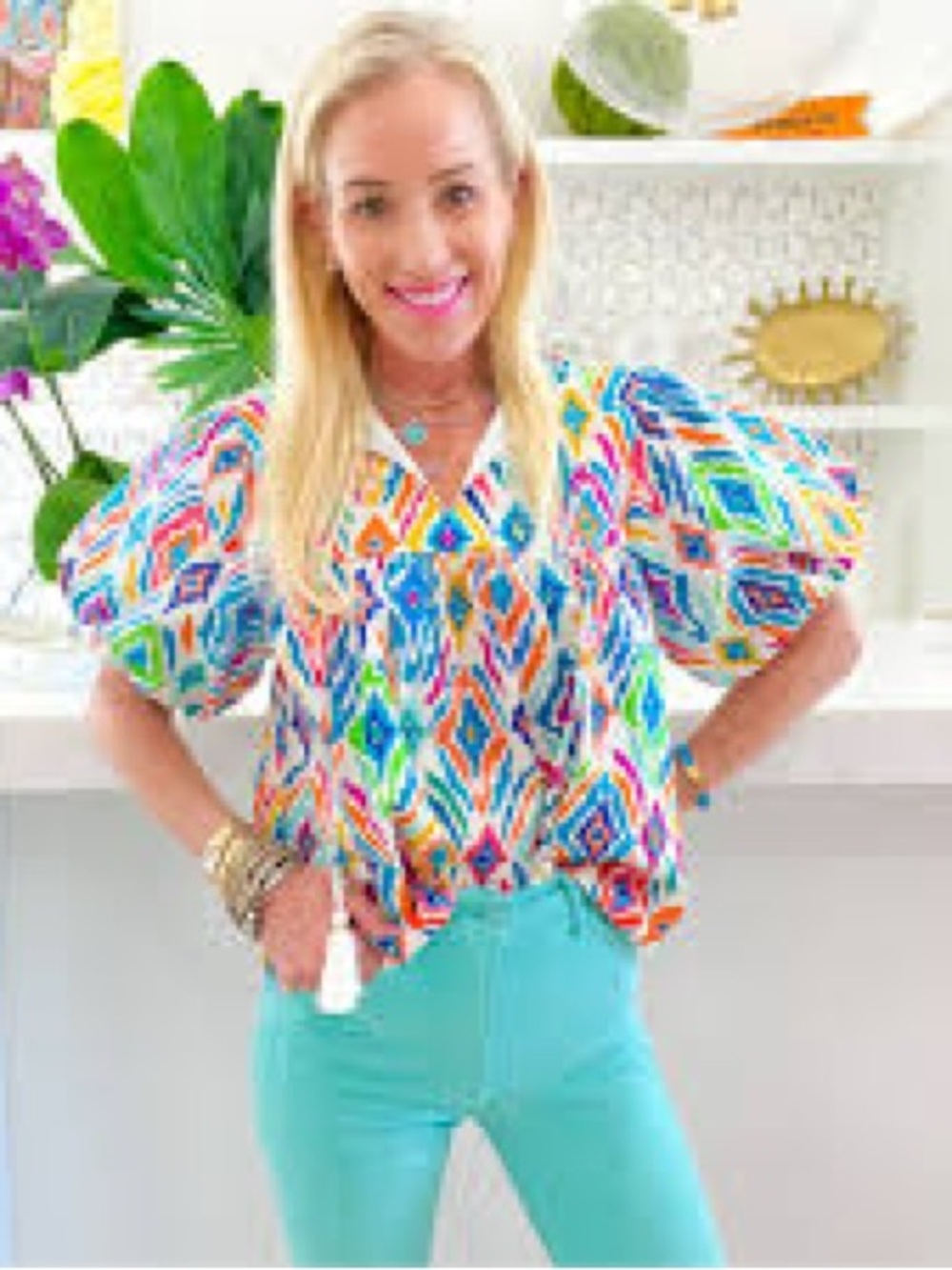 THML Teal and Hot Pink Printed Ruffle-Neck Puff Sleeve Blouse - Picture 16 of 16